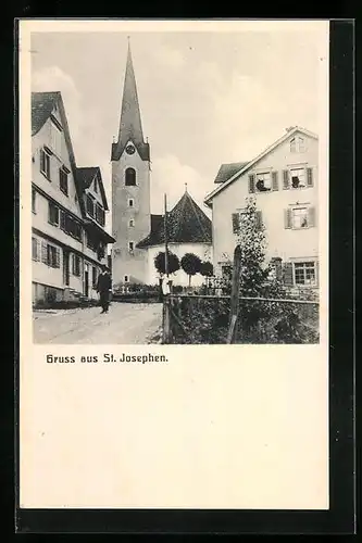 AK St. Josefen, Strassenpartie mit Kirche