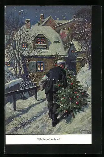 Künstler-AK Weihnachtsabend, Mann mit Weihnachtsbaum, Rotes Kreuz