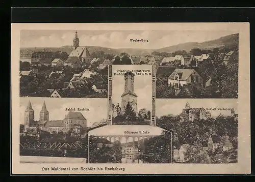 AK Rochlitz i. Sa., Blick auf Wechselburg, der Friedrich August Turm, das Schloss Rochlitz, Blick zu Göhrener Brücke