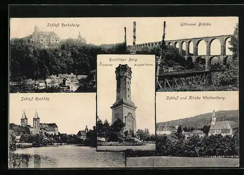 AK Rochlitz, Blick auf Schloss Rochsburg, die Göhrener Brücke, Schloss und Kirche Wechselburg