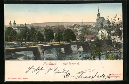 AK Rochlitz, Stadtansicht mit der Brücke im Vordergrund von Süden aus