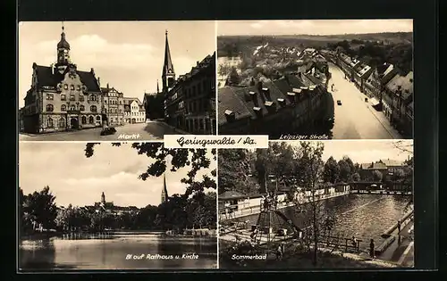 AK Geringswalde i. Sa., auf dem Markt, Leipziger Strasse, Sommerbad, Rathaus und Kirche