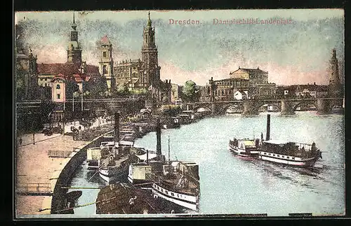 AK Dresden, Dempfschiff - Landeplatz am Elbufer