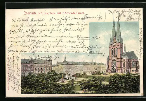 AK Chemnitz, Körnerplatz mit dem Körnerdenkmal