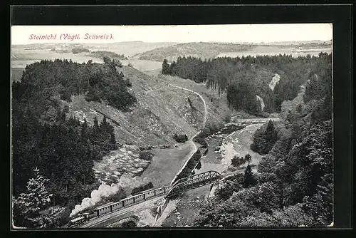 AK Steinicht i. Vogtl. Schweiz, Eisenbahnstrecke im Tal