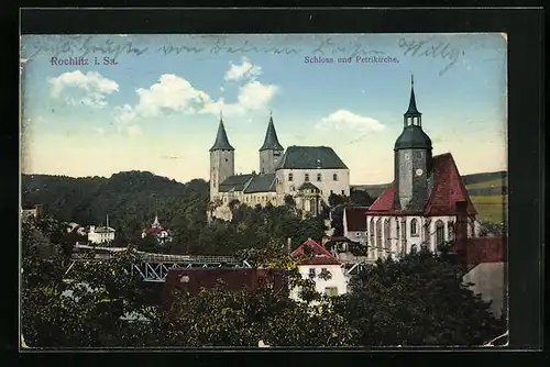 AK Rochlitz i. Sa., Schlossansicht mit der Petrikirche