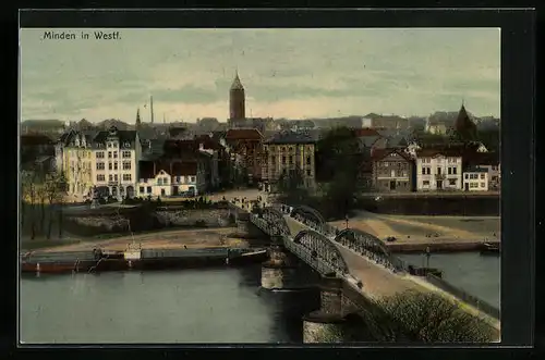AK Minden i. Westf., an der Weserbrücke mit Stadtblick