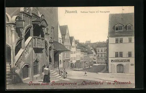 AK Pössneck, Rathaustreppe mit Krautgasse
