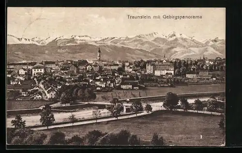 AK Traunstein, Panorama mit Gebirgswand