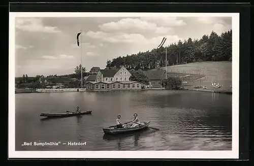 AK Hetzdorf, Blick zum Bad Sumpfmühle, Ruderpartie auf dem See
