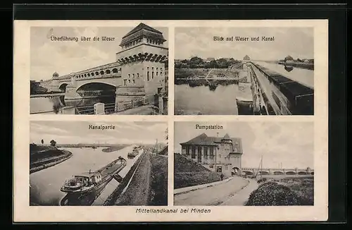 AK Minden i. W., Kanalpartie, Pumpstation, Brücken
