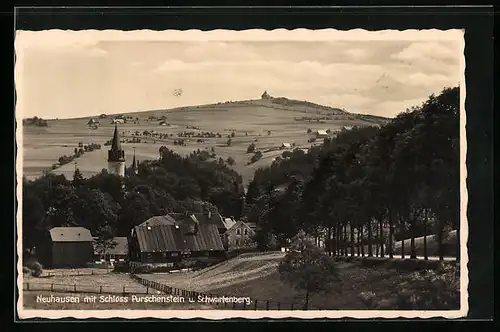 AK München-Neuhausen, Gesamtansicht mit Schloss Purschenstein und Berggasthaus Schwartenberg