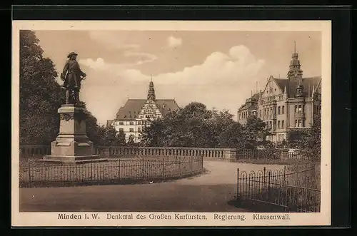 AK Minden i. W., Denkmal des Grossen Kurfürsten, Regierung und Klausenwall