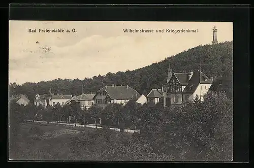 AK Bad Freienwalde a. O., Wilhelmstrasse und Kriegerdenkmal