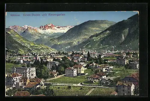 AK Bozen - Gries, Totalansicht mit dem Rosengarten