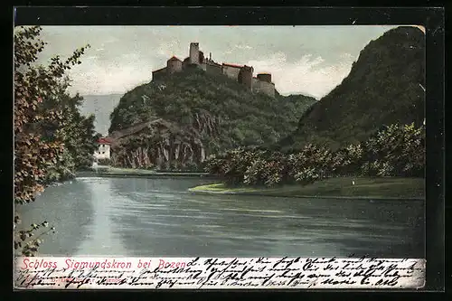 Lithographie Bozen, am Ufer unter dem Schloss Sigmundskron