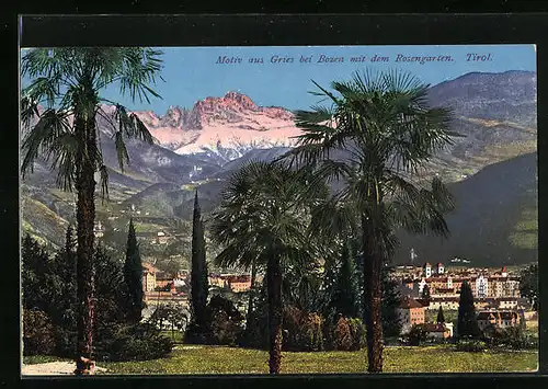 AK Gries - Bozen, Parkanalgen mit Stadtblick mit dem Rosengarten