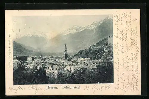 AK Meran, Totalansicht der Stadt gegen die Berge