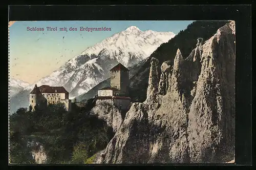 AK Meran, das Schloss Tirol mit den Erdpyramiden