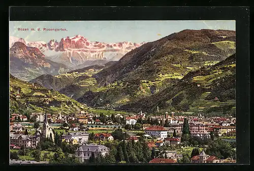AK Bozen, Stadtblick mit dem Rosengarten