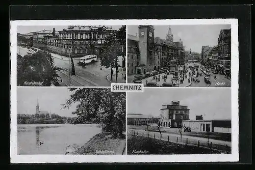 AK Chemnitz, Markt mit Geschäften, Flughafen, Hauptbahnhof