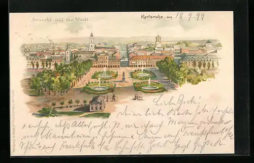 Lithographie Karlsruhe, Blick auf das Schloss