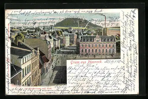 AK Pössneck, Bahnhofstrasse mit Post