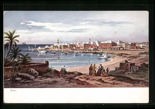 Künstler-AK Friedrich Perlberg: Suez, Panorama