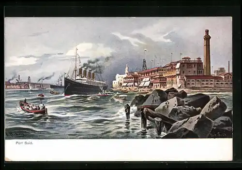 Künstler-AK Friedrich Perlberg: Port Said, Panorama mit abfahrendem Dampfer