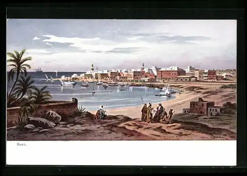 Künstler-AK Friedrich Perlberg: Suez, Vue Générale