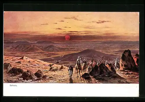 Künstler-AK Friedrich Perlberg: Sahara, Wüstenpanorama mit Kamelkarawane
