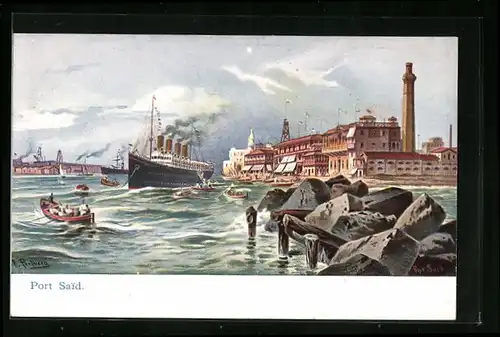 Künstler-AK Friedrich Perlberg: Port Said, Panorama mit abfahrendem Dampfer