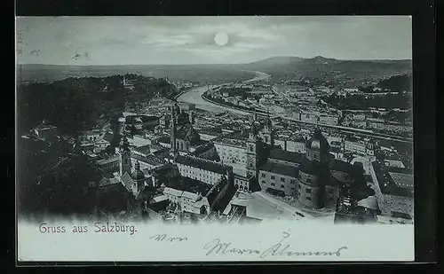 Mondschein-AK Salzburg, Teilansicht mit Kirche