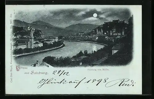 Mondschein-AK Salzburg, Teilansicht von Mülln