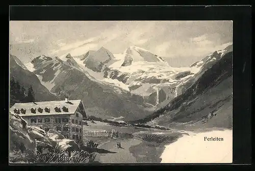 Künstler-AK Ferleiten, Ortspartie mit Bergen