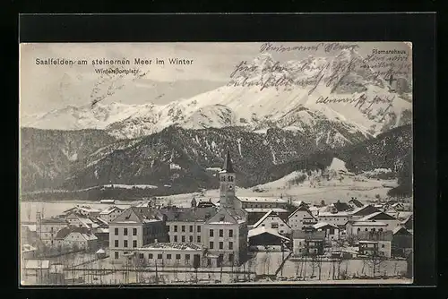 AK Saalfelden am steinernen Meer, Teilansicht mit Kirche im Winter