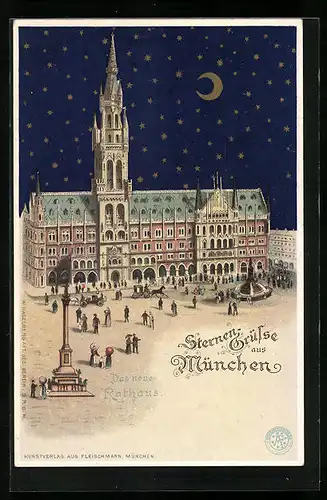 Lithographie München, Das neue Rathaus bei Mondschein