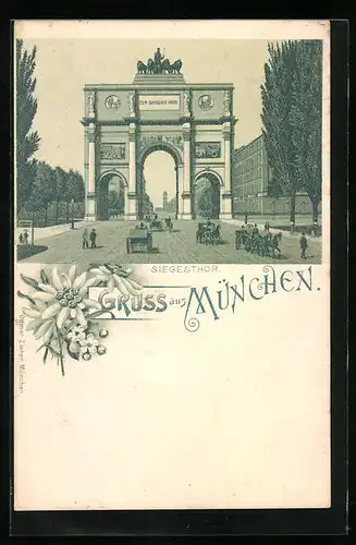 Lithographie München, Siegestor mit Pferdewägen