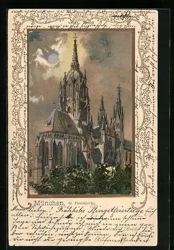 Passepartout-Lithographie München, St. Paulskirche bei Mondschein