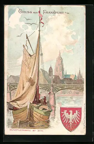 Künstler-AK Frankfurt a. M., Uferpartie mit Brücke und Boot
