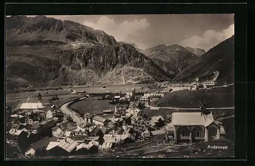 AK Andermatt, Teilansicht mit Kirche aus der Vogelschau