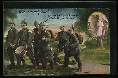 Künstler-AK Grüsse an die Heimat!, Deutsche Soldaten der Infanterie mit Musikanten