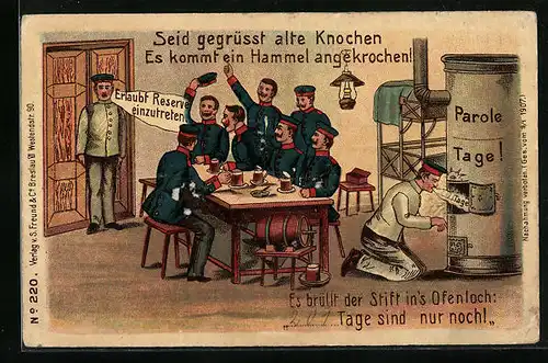 Künstler-AK Soldaten beim Willkommenheissen neuer Reservisten in der Kaserne