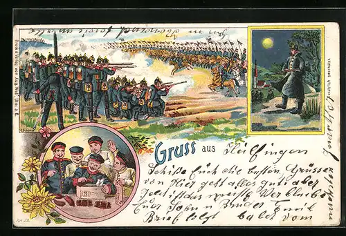 Lithographie Schlacht zwischen Infanterie und Kavallerie, Soldat auf Wacht und beim Öffnen seiner Liebesgaben