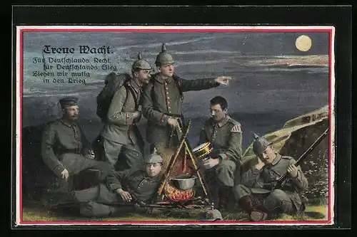 Künstler-AK Soldaten der Infanterie am nächtlichen Feuer verweilend