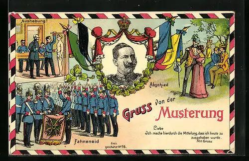Lithographie Gruss von der Musterung, Aushebung, Fahneneid, Abschied, Portrait von Kaiser Wilhelm II.