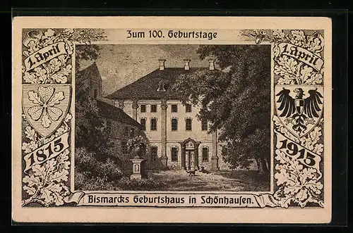 Künstler-AK Schönhausen, Bismarcks Geburtshaus, Eichenlaub mit Wappen