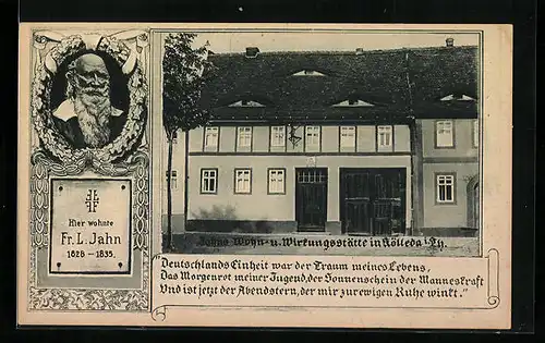 AK Kölleda /Th., Wohnhaus und Portrait Turnvater Jahn, Zitat