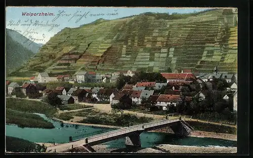 AK Walporzheim, Teilansicht mit Flussbrücke und Feldern