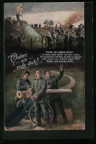 Künstler-AK Vater, ich rufe dich - Gebetstext, Schlachtenszene, Betende Soldaten